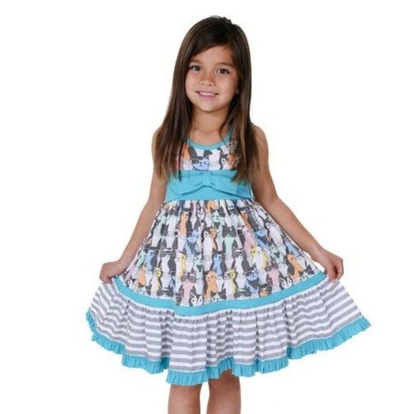 Jelly the Pug sleeveless cat dress ruffles stripes and a bow little girl size 6